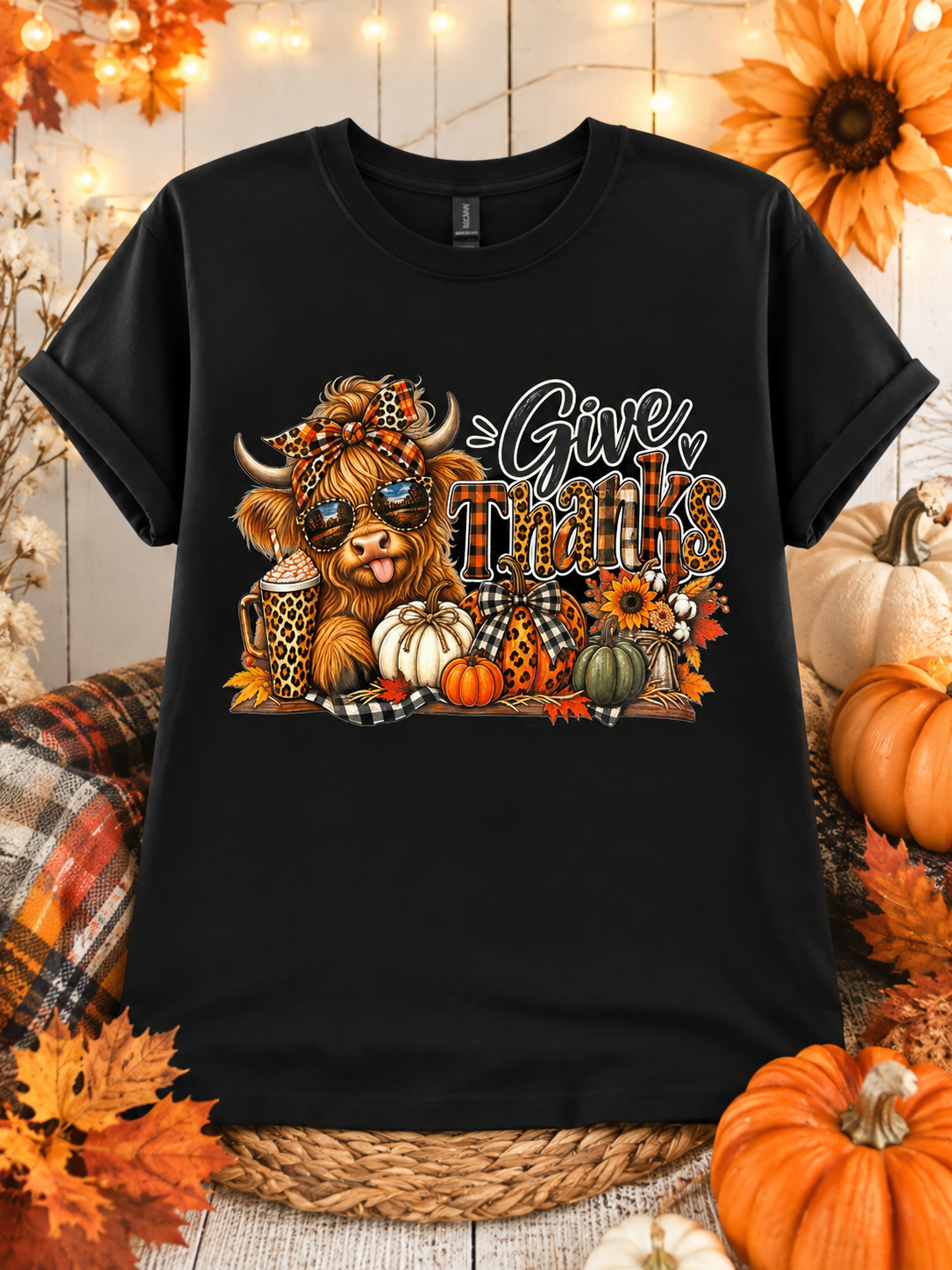 Happy Thanksgiving Themed Cow Graphic T-Shirt